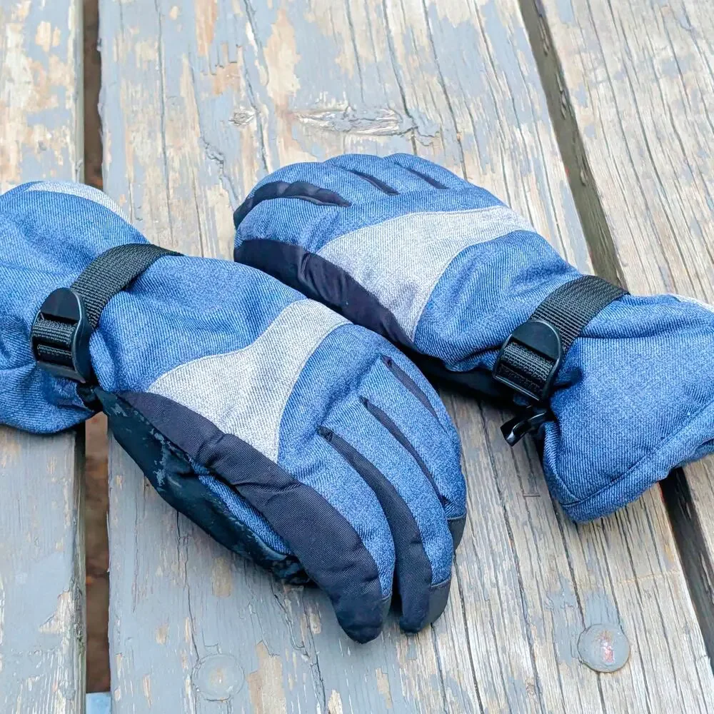 Mens Insulated Winter Ski Snowboard Gloves Blue Denim Look Adjustable Straps